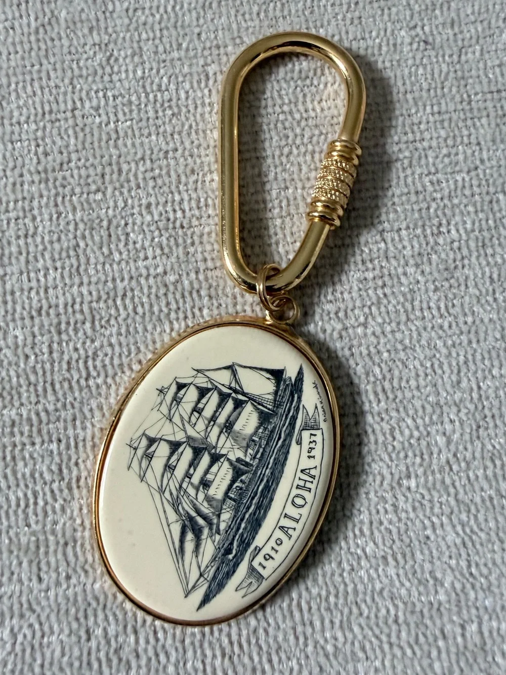 Nautical Key Tag Chain Ship Scrimshaw (1980's)
